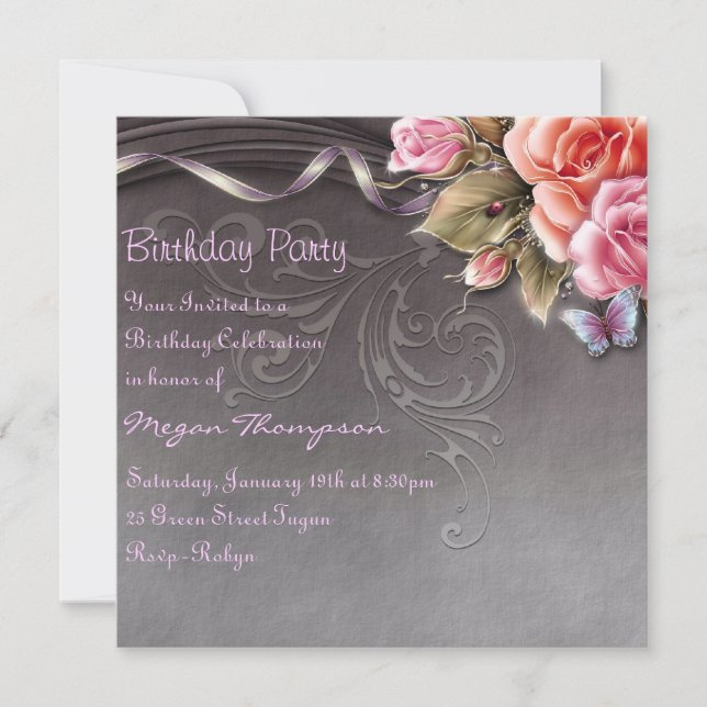Invitación de cumpleaños de mariposa y rosas elega (Anverso)