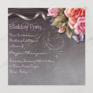 Invitación de cumpleaños de mariposa y rosas elega