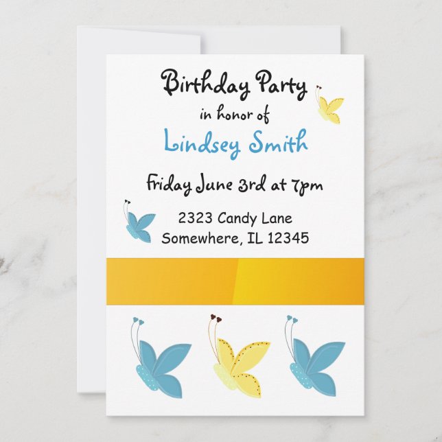 Invitación de cumpleaños de mariposas (Anverso)