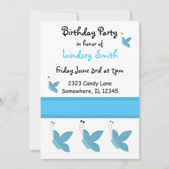 Invitación de cumpleaños de mariposas azules (Anverso)