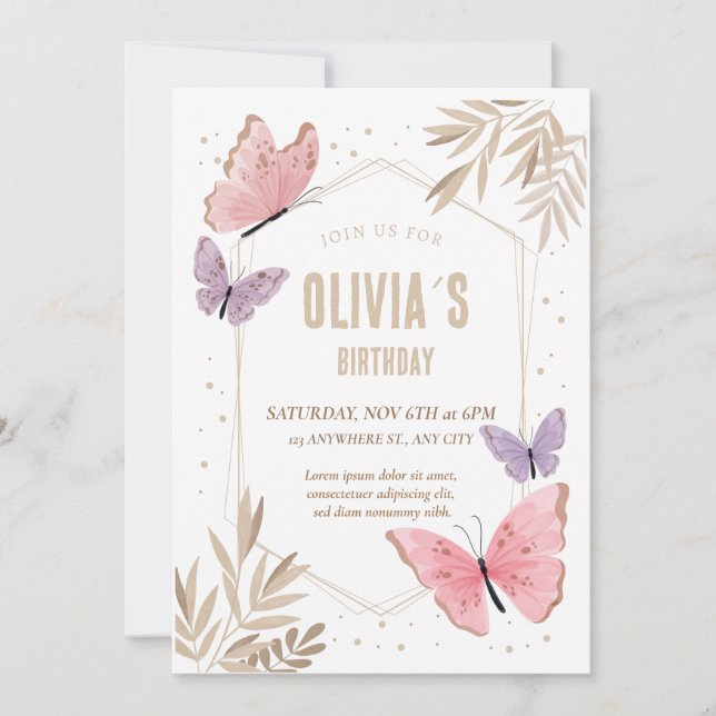 Invitación de cumpleaños de mariposas rosadas y do (Anverso)