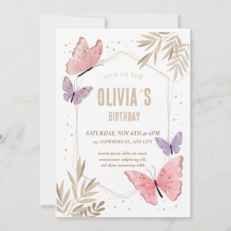 Invitación de cumpleaños de mariposas rosadas y do