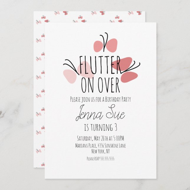 Invitación de cumpleaños de mariposas rosas (Anverso / Reverso)
