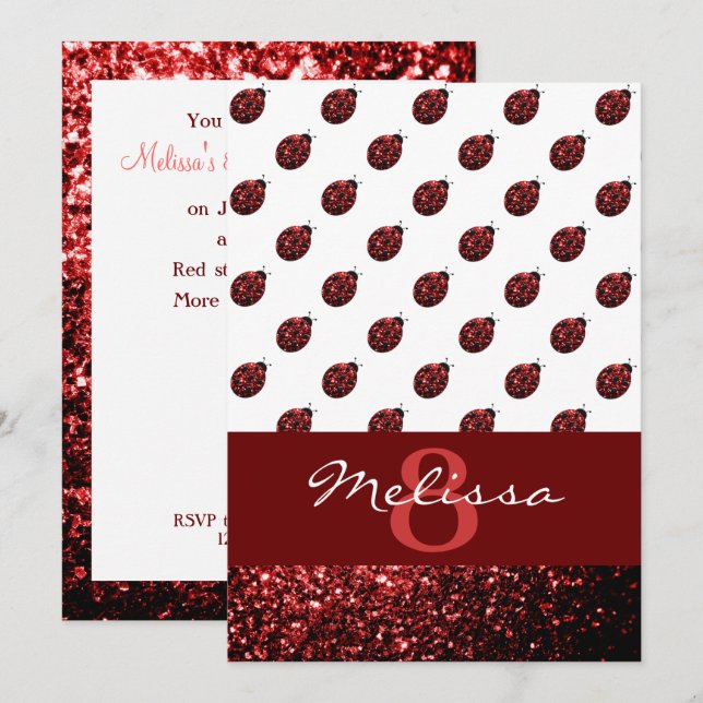 Invitación de cumpleaños de mariquita roja brillan (Anverso / Reverso)
