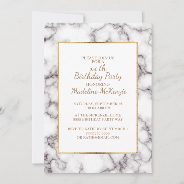 Invitación de cumpleaños de mármol gris blanco con (Anverso)