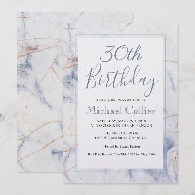 Invitación de cumpleaños de mármol moderno para cu (Anverso / Reverso)