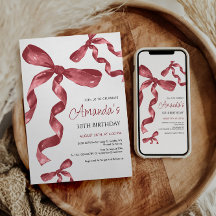 Invitación de cumpleaños de Maroon Coquette Bow