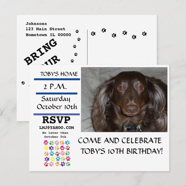 Invitación de cumpleaños de mascota con huella de  (Anverso / Reverso)