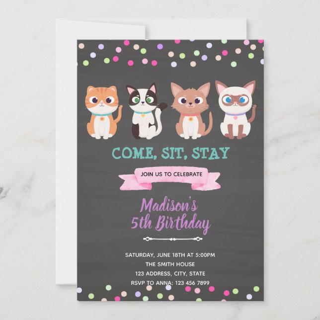 Invitación de cumpleaños de mascota gatito (Anverso)