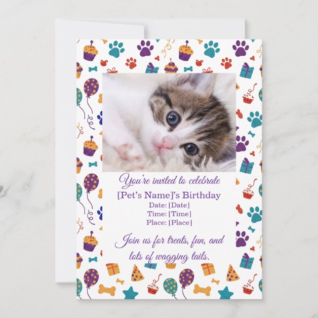 Invitación de cumpleaños de mascota personalizable (Anverso)