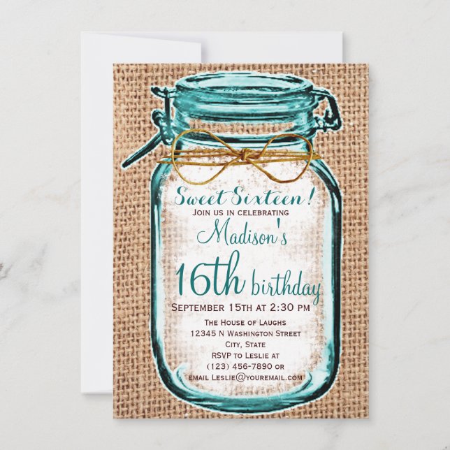 Invitación de cumpleaños de Mason Jar, país ruso (Anverso)
