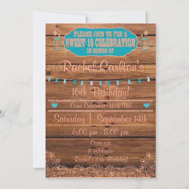 Invitación de cumpleaños de Mason Jar Sweet 16 (Anverso)