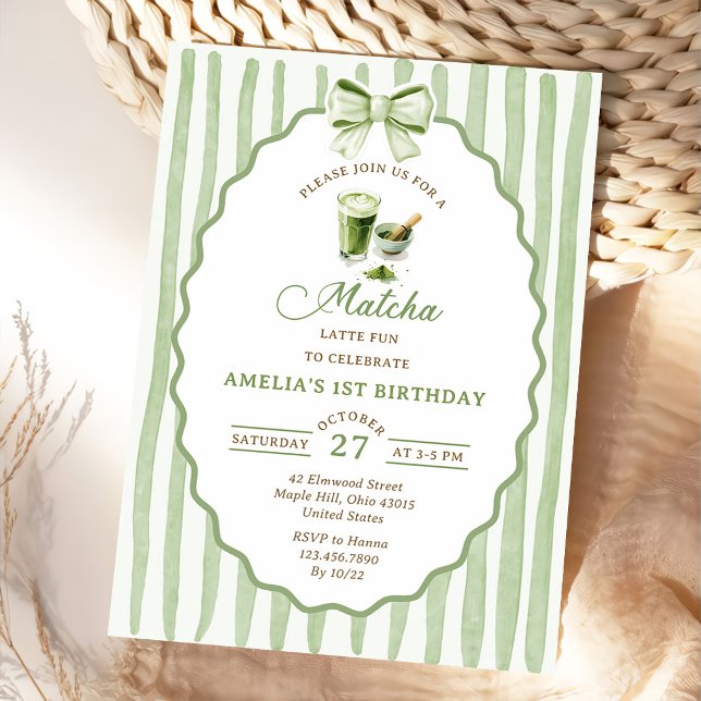 Invitación de cumpleaños de Matcha con lazo verde (Subido por el creador)