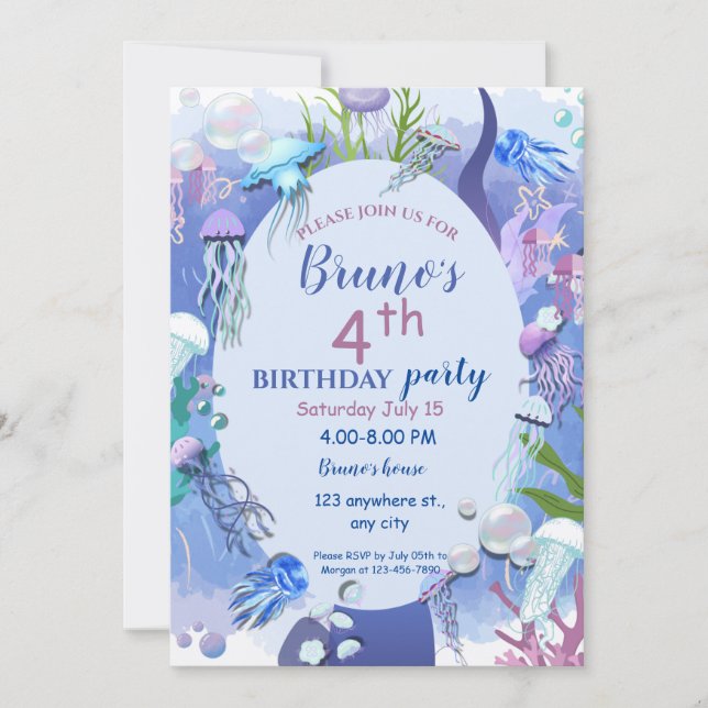 Invitación de cumpleaños de medusas bajo el mar (Anverso)