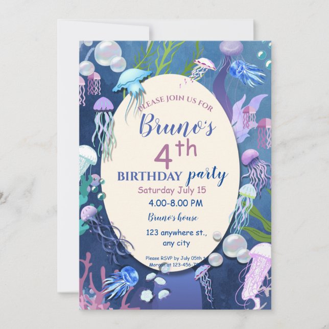 Invitación de cumpleaños de medusas bajo el mar (Anverso)