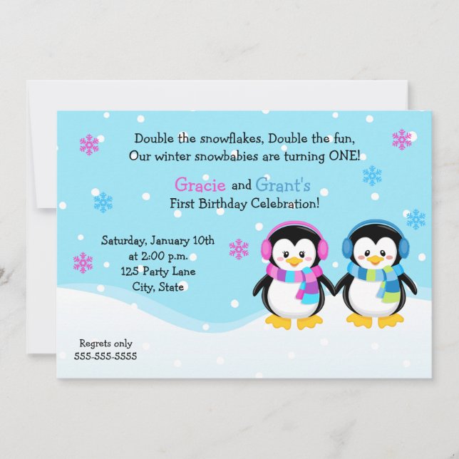 Invitación de cumpleaños de mellizos pingüinos, ni (Anverso)