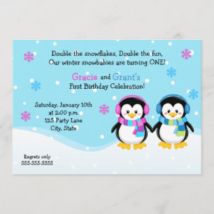 Invitación de cumpleaños de mellizos pingüinos, ni