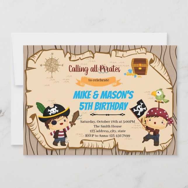 Invitación de cumpleaños de mellizos piratas (Anverso)