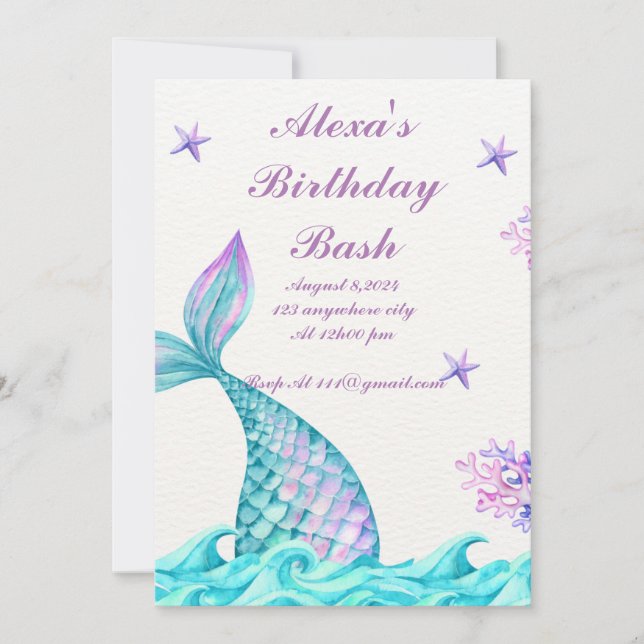INVITACIÓN DE CUMPLEAÑOS DE MERMAID (Anverso)
