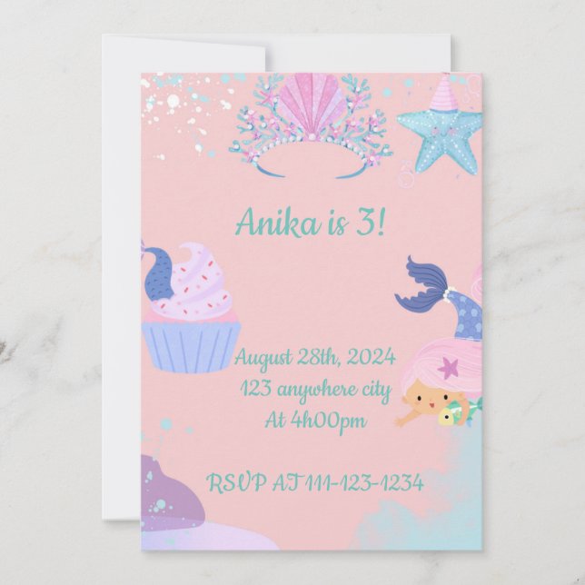 invitación de cumpleaños de mermaid (Anverso)