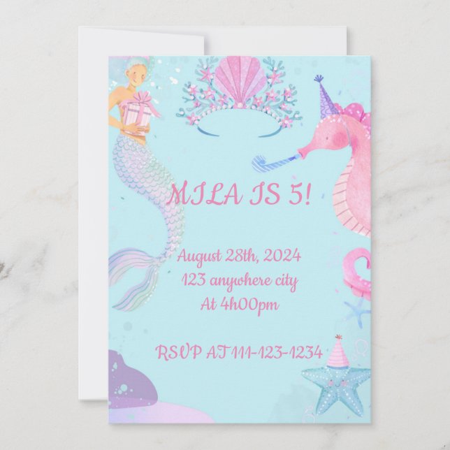 invitación de cumpleaños de mermaid (Anverso)