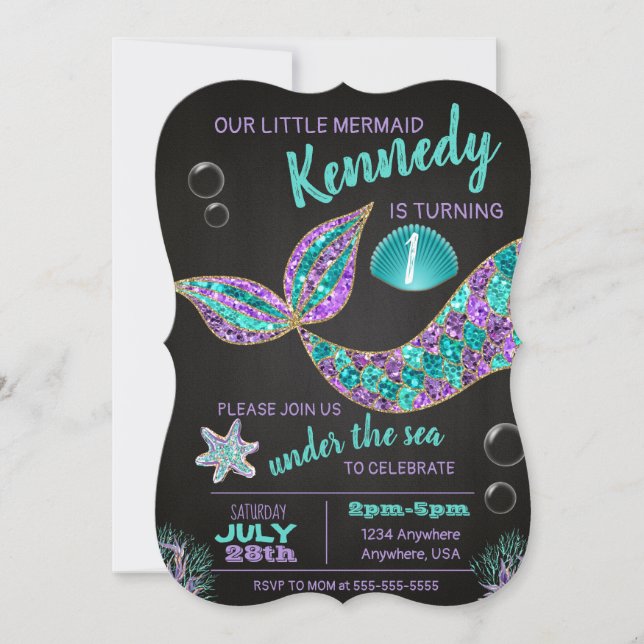 Invitación de cumpleaños de Mermaid Chalkboard, pu (Anverso)