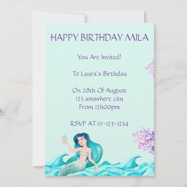 INVITACIÓN DE CUMPLEAÑOS DE MERMAID, INVITACIONES, (Anverso)