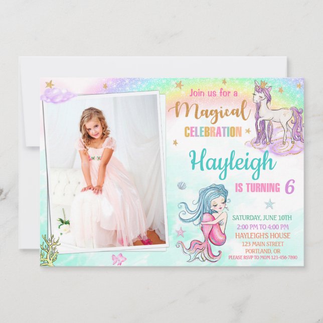 Invitación de cumpleaños de Mermaid Unicorn fiesta (Anverso)