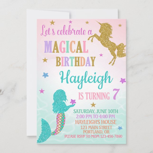 Invitación de cumpleaños de Mermaid y Unicorn (Anverso)