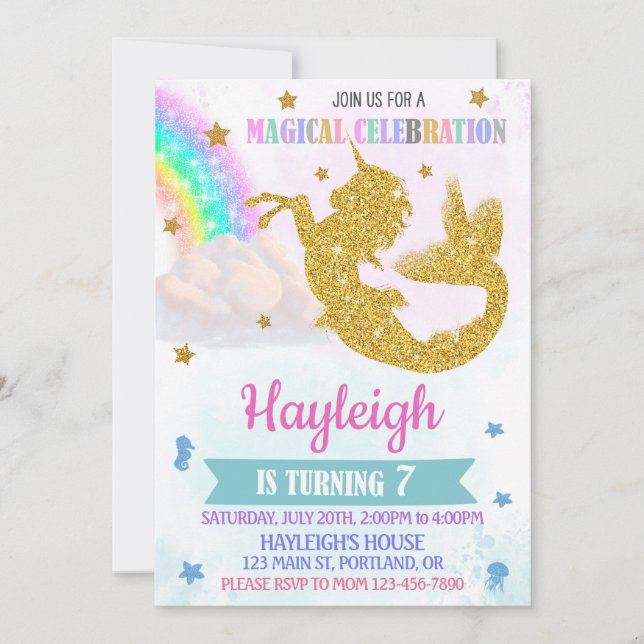 Invitación de cumpleaños de Mermicorn chica de uni (Anverso)