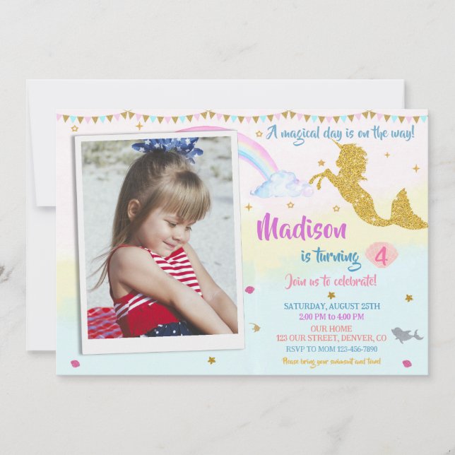 Invitación de cumpleaños de mermicorn Foto fiesta  (Anverso)