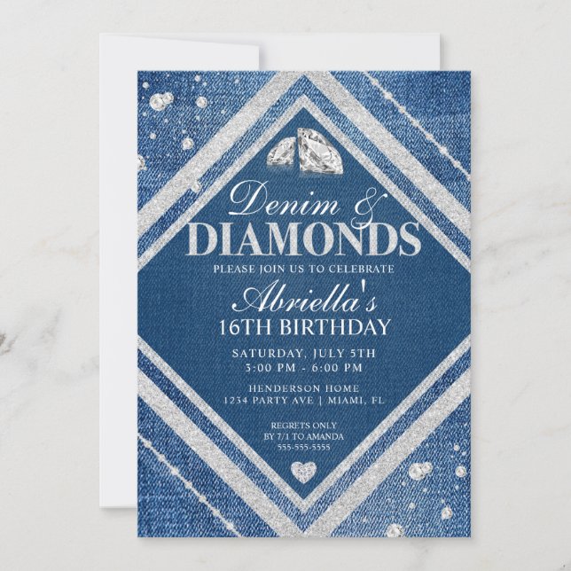 Invitación de cumpleaños de mezclilla y diamantes  (Anverso)