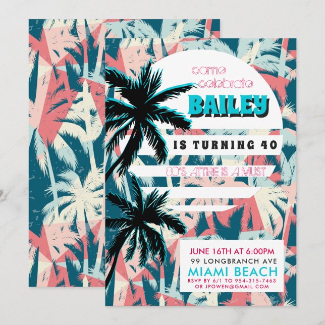 Invitación de cumpleaños de Miami de los 80 (Anverso / Reverso)