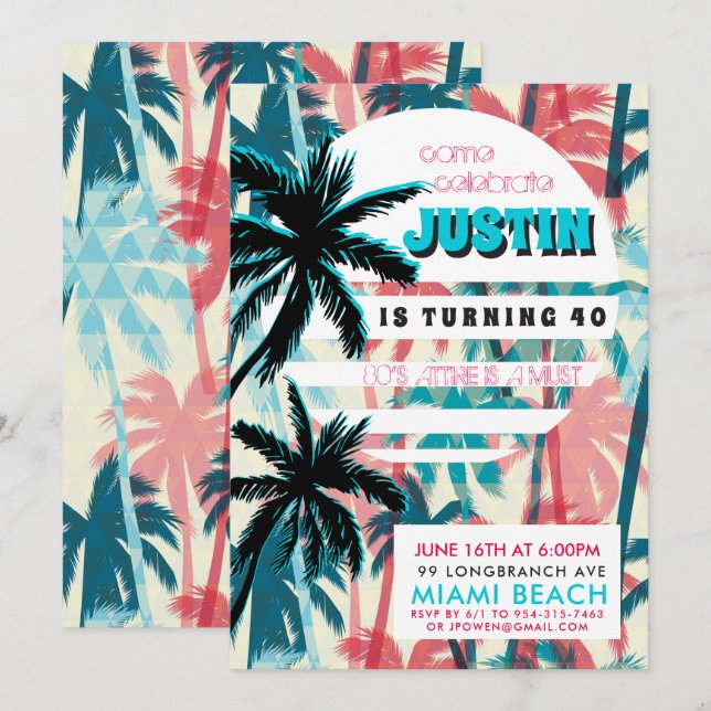 Invitación de cumpleaños de Miami de los 80 (Anverso / Reverso)