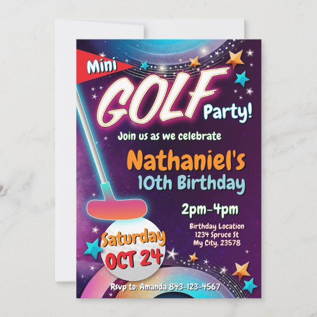 Invitación de cumpleaños de Mini Golf | Tarjeta de (Anverso)