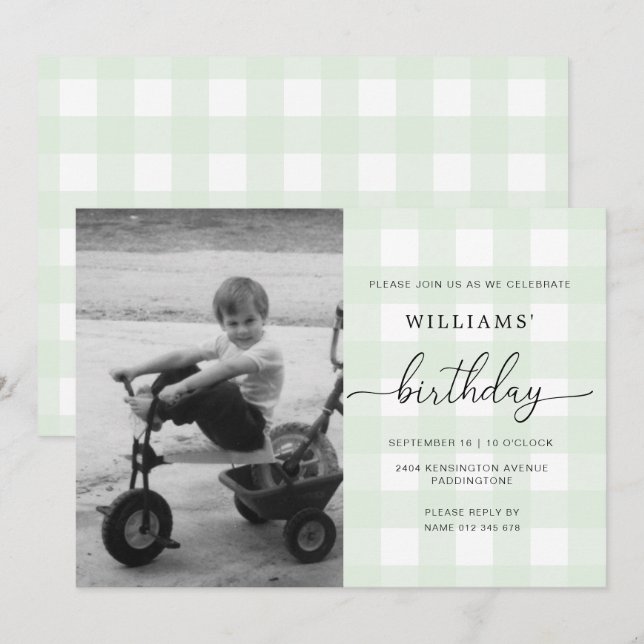 Invitación de cumpleaños de Mint Green Gingham Pho (Anverso / Reverso)