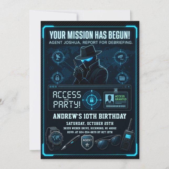 Invitación de cumpleaños de misión de espía person (Anverso)