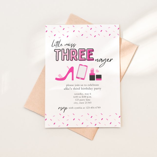 Invitación de cumpleaños de Miss Threenager (Birthday invitation featuring all pink sprinkles, high heels, cellphone, and lipstick. )
