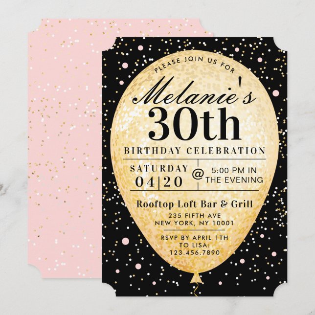 Invitación de cumpleaños de moda Black Pink & Gold (Anverso / Reverso)