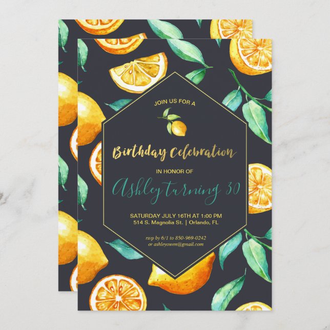 Invitación de cumpleaños de moda Lemon Citrus (Anverso / Reverso)