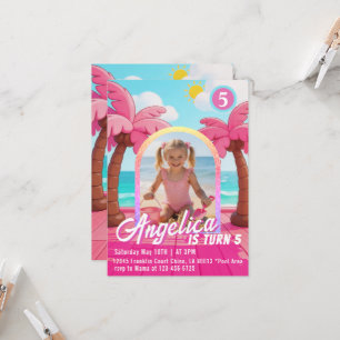 Invitación de cumpleaños de moda rosa muñeca playa