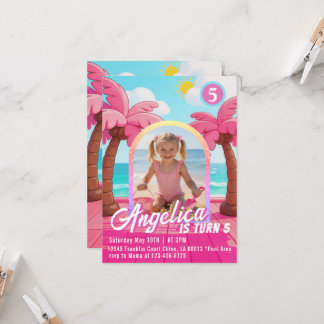 Invitación de cumpleaños de moda rosa muñeca playa