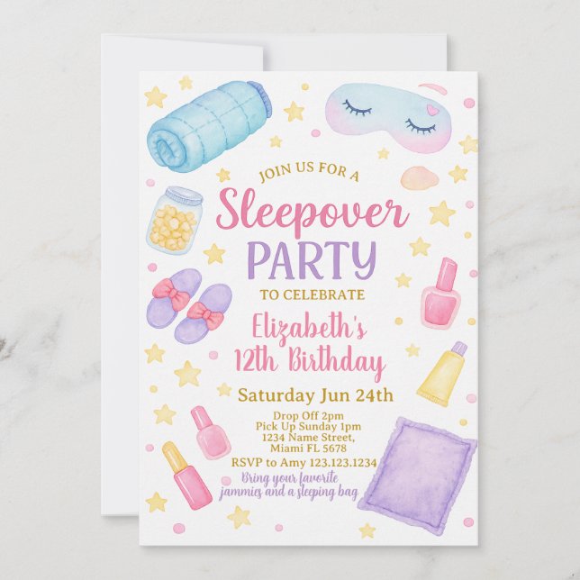 Invitación de cumpleaños de moda Sleepover (Anverso)