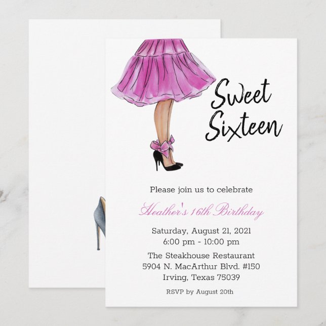 Invitación de cumpleaños de moda Sweet Sixteen (Anverso / Reverso)