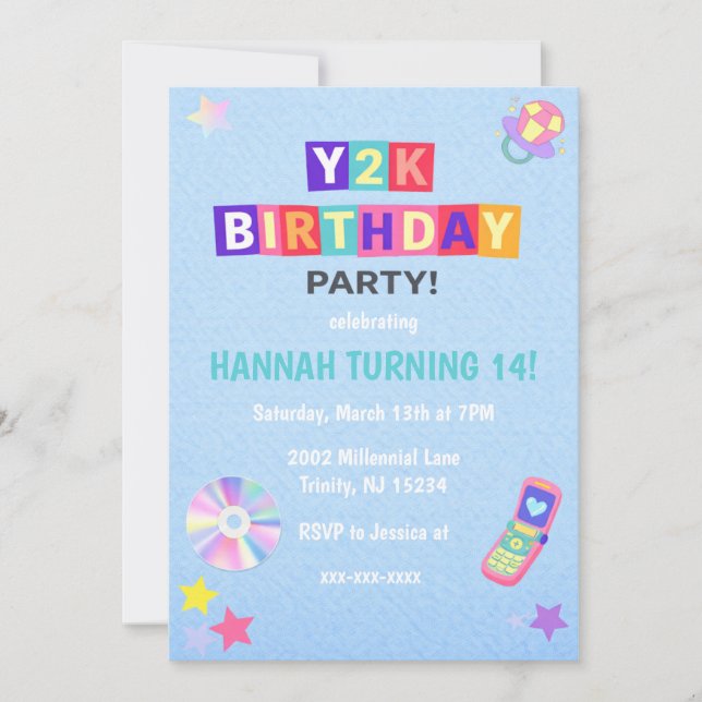 Invitación de cumpleaños de moda Y2K 2000's (Anverso)