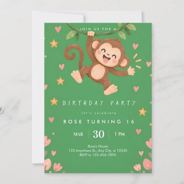 Invitación de cumpleaños de mono lindo (Anverso)