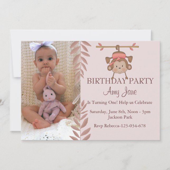 Invitación de cumpleaños de mono rosa (Anverso)