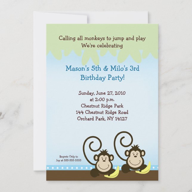 Invitación de cumpleaños de mono tonto 5x7 - Azul (Anverso)