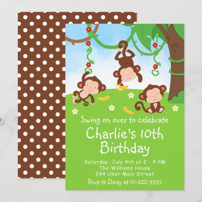 Invitación de cumpleaños de monos niños (Anverso / Reverso)