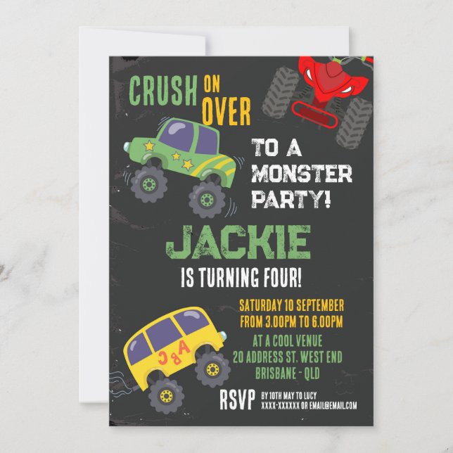 Invitación de cumpleaños de monster truck Boys (Anverso)